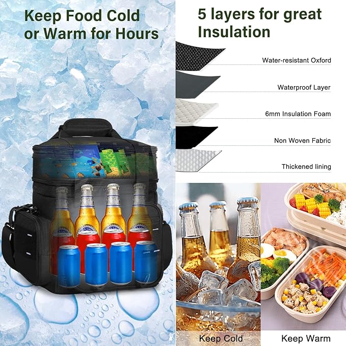 Expandable Tactical Lunch Box, XLarge Insulated Lunch Cooler Bag Heavy Duty Leakproof Lunch Pail for Men Adults Work Office Outdoor Picnic Trips,25L,Black