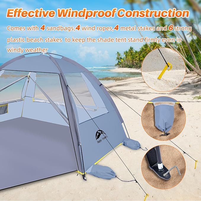 Happy Travel Beach Tent Sun Shelter for 3/4/5/6/7/8 Person, Portable UPF 50+ UV Protection Beach Shade Canopy for Family & Baby, Lightweight & Easy Setup Beach Cabana with 3 Ventilation Mesh Windows