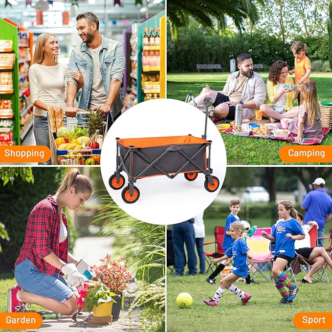 PORTAL Collapsible Folding Wagon, Push Pull Foldable Beach Wagon Cart with All-Terrain Wheels, Heavy Duty Utility Grocery Wagon for Outdoor Camping Garden Sport Shopping, Holds 225 lbs, Grey/Orange