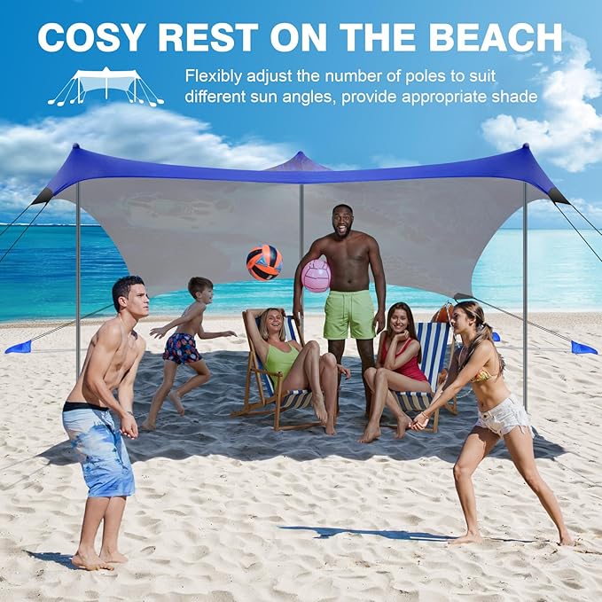Rhino Valley Beach Tent Sun Shelter, 10x10FT Beach Canopy Tent Sun Shade UPF50+ Protection with 8 Sandbags 4 Stability Poles, Outdoor Beach Shade Canopy 6-8 People for Beach Camping Fishing
