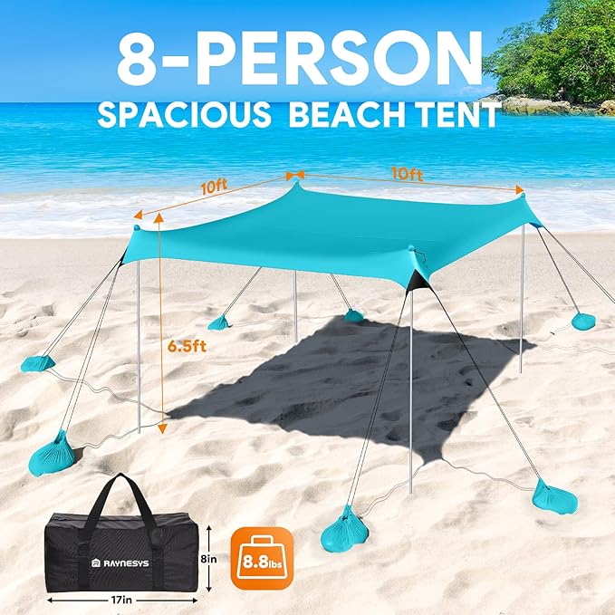 Beach Tent Sun Shelter, UPF50+ Beach Tent Canopy with 8 Sandbags & 4 Stability Poles, 10 x 10 FT Beach Canopy Tent Sun Shade, Outdoor Beach Tent for Beach Camping Fishing, Light Blue