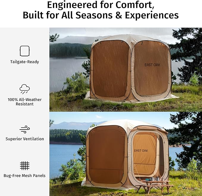 East Oak 12×12 FT Pop Up Canopy Tent with Mesh | Outdoor Screen House with 4 Sunshades | Instant Canopy with Portable Carry Bag | Gazebo Tent for Camping, Patio, and Beach | Beige