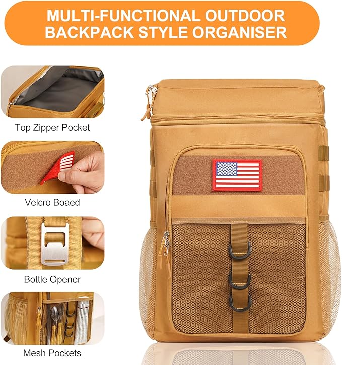 Tactical Backpack Cooler, 25L Cooler Backpack Insulated Leak-Proof, Heavy Duty Large Lunch Backpack, Waterproof Ice Chest Backpack, Cooler Lunch Backpack for Hiking,Travel, Outdoor,Khaki