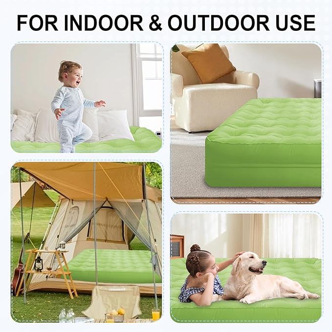 Queen Air Mattress with Built-in Battery Pump, All Luxury Cooling Pongee Fabric Material, Waterproof & Leakproof Air Mattress Queen, Portable Foldable Guest Bed (18", Green)