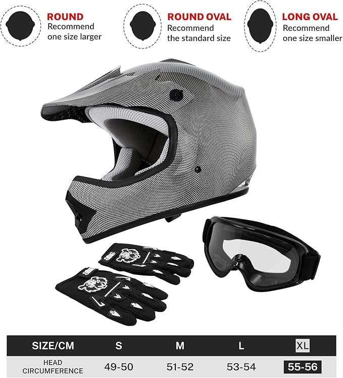 TCT-MOTORPARTS DOT Youth Kids Motocross ATV Helmets Offroad Street Dirt Bike Go-Kart BMX MX Full Face Helmet Carbon Fiber X-Large Size