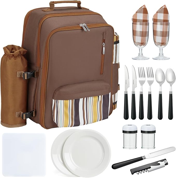 Couple Gifts 24L Picnic Basket Set, Brown Insulated Picnic Backpack for 2, Leak Proof Cooler Camping Gifts, Cool Bridal Shower Gifts Anniversary Engagement Wedding Gifts for Couples, Mr and Mrs Gifts