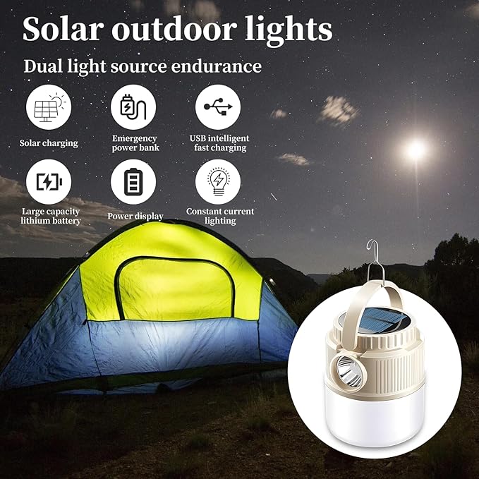 Camping Solar Lantern Emergency Lantern with Solar Charging, USB Rechargeable, Phone Charging Emergency Light for Hurricane, Power Outages, Home, Hiking, Water-Resistant