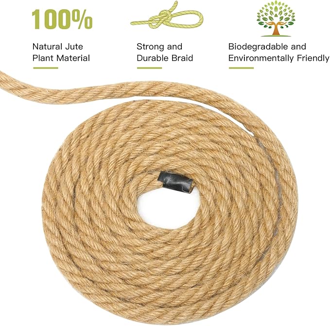 Hemp Rope, 1/3 Inch, 100 Feet - Twisted Jute Rope for Deer, Tug of War, Nautical Crafts, Home Decor, Gardening, Bundling, DIY Ornaments