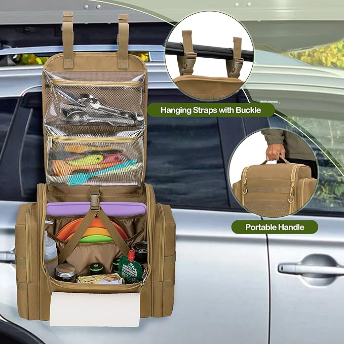 Large Tactical Camping Kitchen Organizer, Hanging Cookware Storage Bag with Paper Towel Holder & Multi Pockets, Portable Camp Utensil Organizer for BBQ Cooking Essentials, Khaki, Bag Only