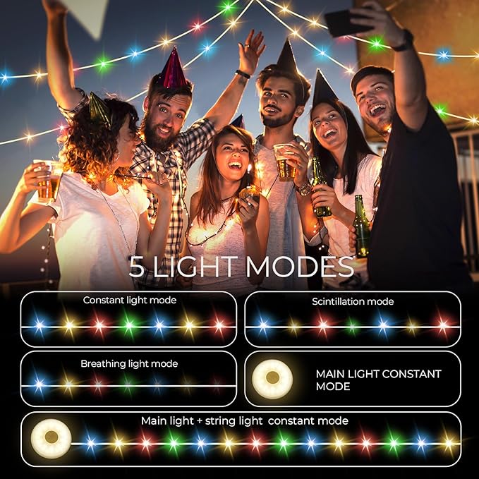 Camping String Lights Outdoor Multi-Color,1500mAh USB Portable Rechargable Camping Lights String 26.2FT with 5 Lighting Modes,Waterproof Camping Lantern String for Party&Halloween(Green)