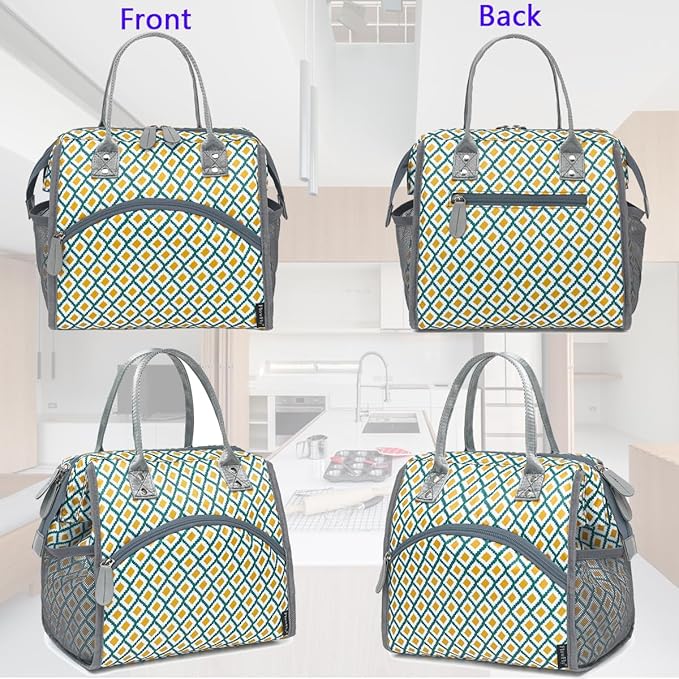 FlowFly Insulated Lunch Bag for Women, Men, Large and Reusable, Handle, Work and Travel Tote and Meal Prep Organizer, Square