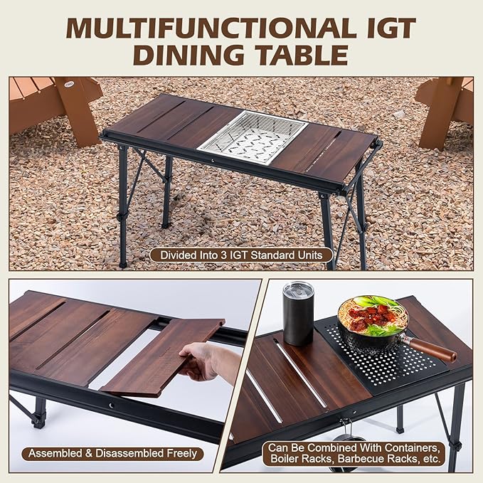 CHANGE MOORE Portable IGT Camping Table Acacia Wood Tabletop, 16.14-26.4inch Height-Adjustable Aluminum Table Leg, X-Shaped Structural Support, 3 Side Pipes Outdoor Table with Carrying Zipper Bag