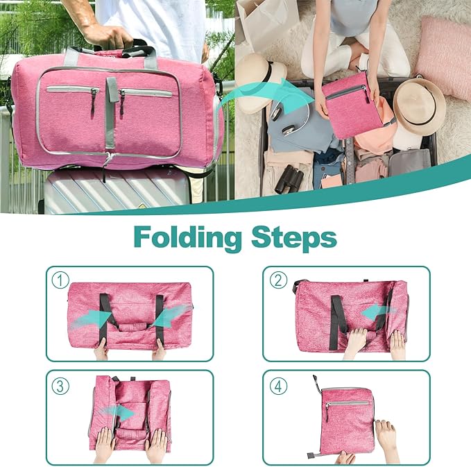 Dimayar 65L Travel Duffle Bag for Men Women - Foldable Duffel Bag with Shoes Compartment - Overnight Bags Waterproof & Tear Resistant(Pink)