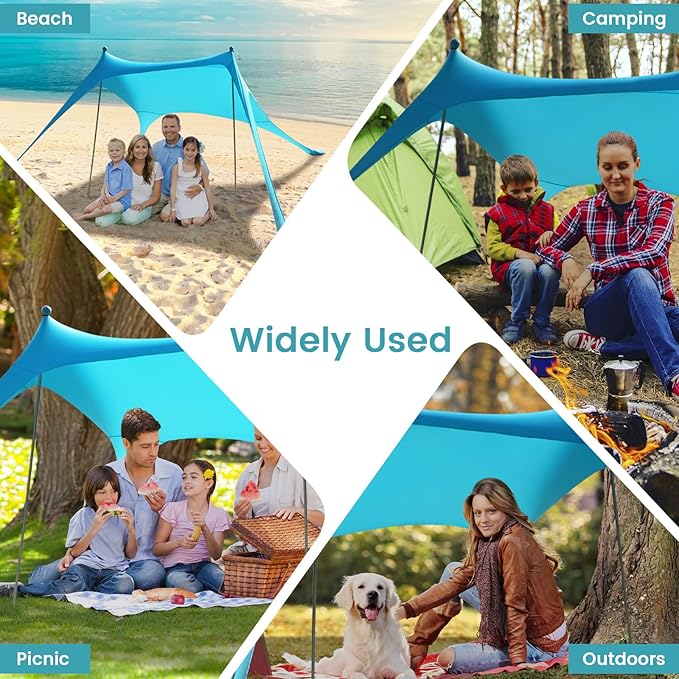 Beach Tent - Beach Shade UPF 50+ UV Protection, 9.8 x 6.5 FT, Anti-Wind Beach Canopy with 2 Poles, 2 Windproof Ropes, 1 Portable Bag, Beach Tent Sun Shelter Perfect for Picnics, Outdoors - Turquoise