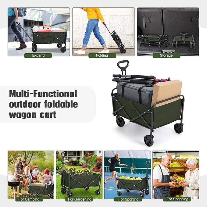 Collapsible Foldable Wagon,Wagons Carts Foldable with Wheels,Utility Grocery Folding Beach Wagon for Sand Garden Sports Shopping Outdoor(Light Green).