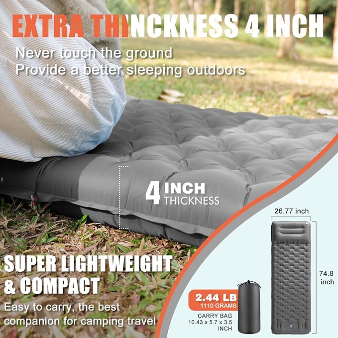 Inflatable Camping Sleeping Pad with Pillow, Extra Thick 4 Inch Sleeping Mat with Built-in Pump, Compact & Ultralight Camping Air Mattress for Backpacking Hiking Tent Traveling