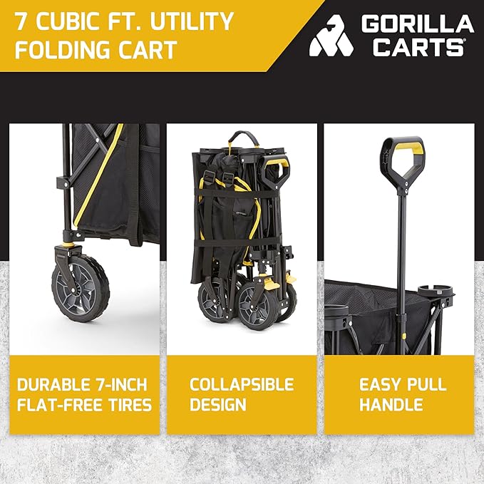 Gorilla Carts Collapsible Folding Utility Wagon Cart w/Oversized Bed, 7 Cu Ft, Black - 150 lb Capacity Outdoor Wheelbarrow w/Zipper Pockets & Built-in Cup Holders for Beach, Camping & Picnic