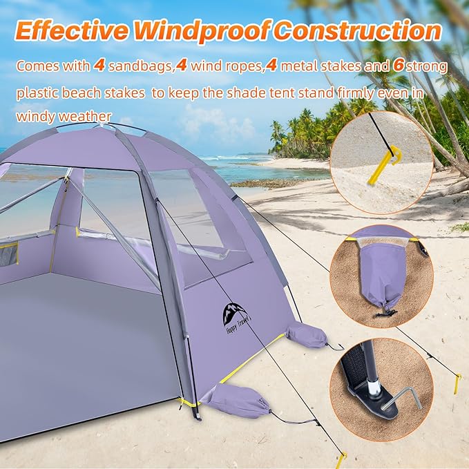Happy Travel Beach Tent, UPF 50+ UV Protection Sun Shade Shelter for 3/4/5/6/7/8 Person, Portable Beach Canopy for Family & Baby, Lightweight & Easy Setup Beach Cabana with 3 Ventilation Mesh Windows