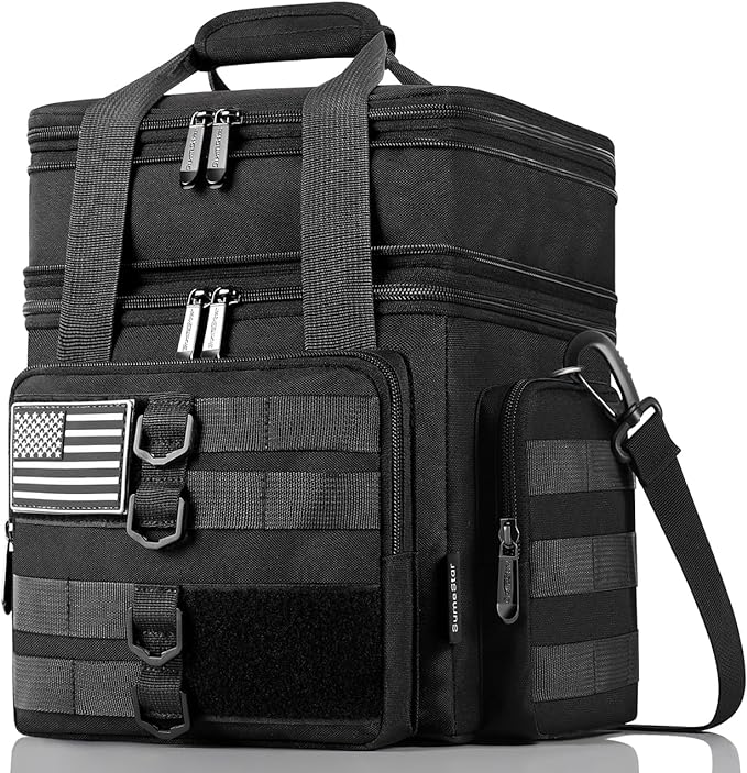 Tactical Lunch Box for Men, Large Insulated Lunch Bag Adult, Heavy Duty Double Deck Expandable Lunch Cooler Bag Leakproof Waterproof Lunch Tote for Work Office Camping Travel - Black
