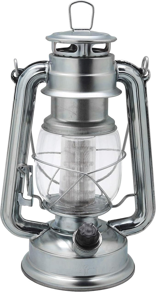 YAKii LED Vintage Metal Hanging Hurricane Lantern - 12 LED Dimmer Switch, Cold White Battery Operated Lantern for Power Outage, Indoor Camping, Outdoor Decoration (Silver)