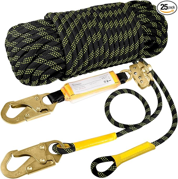 TRSMIMA Rope Harness Safety Lanyard：25ft Vertical Roofing Rope With Grab Snap Hooks Shock Absorber - Fall Protection Tree Climbing Line Kit Heavy Duty Roof Safety Equipment ANSI CE