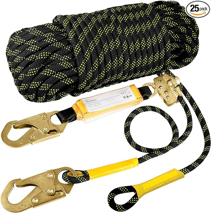 TRSMIMA Rope Harness Safety Lanyard：100ft Vertical Roofing Rope With Grab Snap Hooks Shock Absorber - Fall Protection Tree Climbing Line Kit Heavy Duty Roof Safety Equipment ANSI CE
