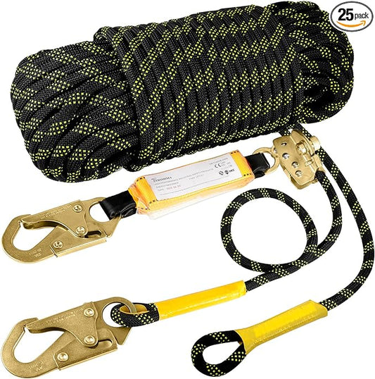 TRSMIMA Rope Harness Safety Lanyard：100ft Vertical Roofing Rope With Grab Snap Hooks Shock Absorber - Fall Protection Tree Climbing Line Kit Heavy Duty Roof Safety Equipment ANSI CE