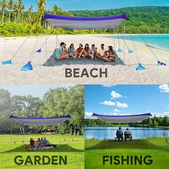 Beach Tent Sun Shelter, 10 x 10 FT Beach Canopy Tent Sun Shade, UPF50+ Beach Tent Canopy with 8 Sandbags & 4 Stability Poles, Outdoor Beach Tent for Beach Camping Fishing, Turtle