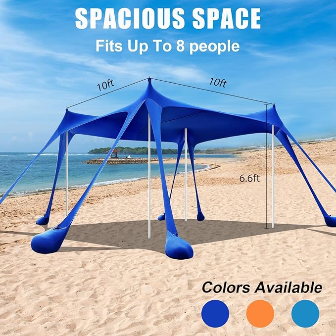 Beach Tent,10x10ft Sun Shelter UPF50+ Includes 8 Sandbags and Ground Pegs-2 Sand Shovel-4 Aluminum Poles-Carrying Bag,Beach Canopy for Camping Trips,Fishing,Backyard Fun or Picnics.