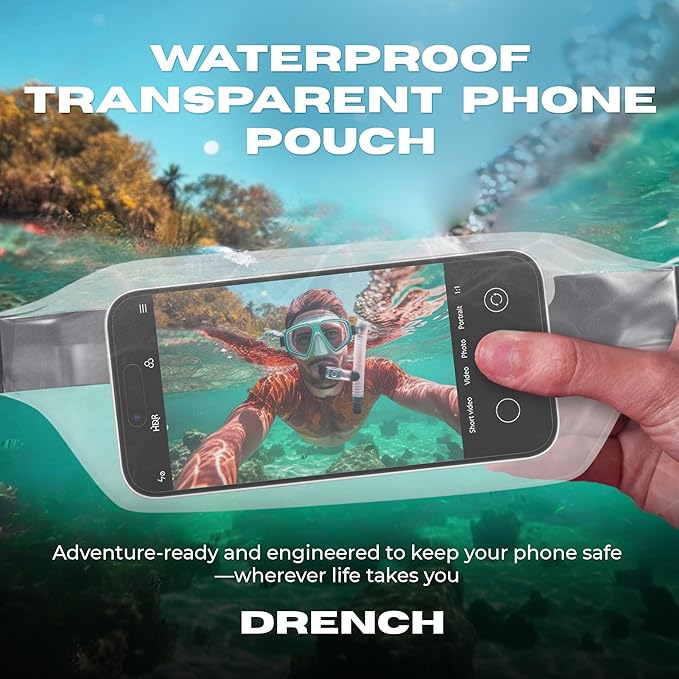 DRENCH 100% Waterproof Bag, Touchscreen Fanny pack, Transparent Cell Phone Case for Beach Essentials, IPX8 Underwater Pouches with Convertible Straps for Swimming and More, Fits iPhone Pro Max 15 SUP