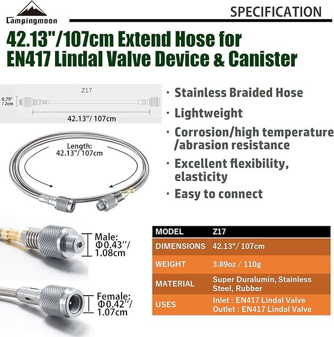 CAMPINGMOON 42.13-inch Multi-function Gas Hose for EN417 Lindal Valve Screw-on Type Canister and Device Z17
