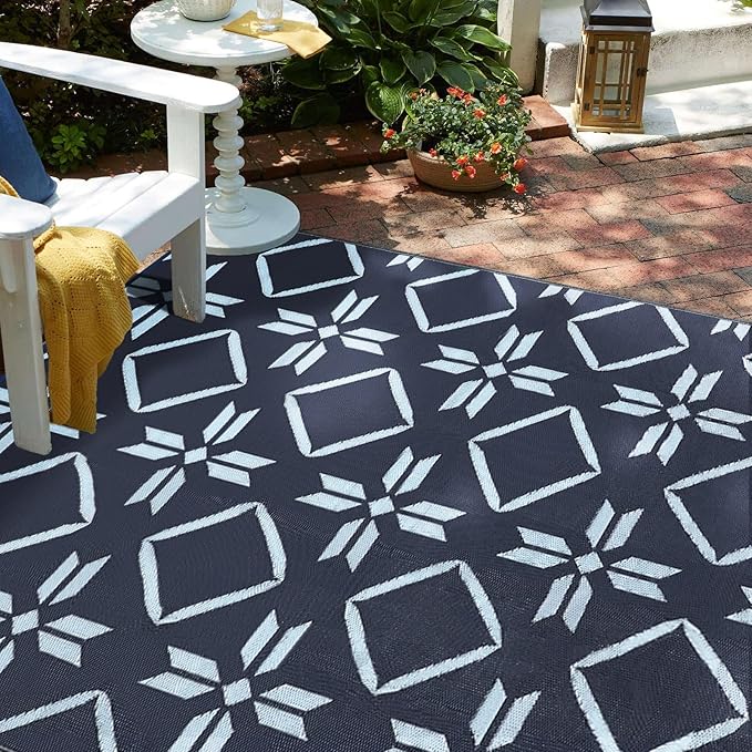 Kohree RV Outdoor Rug 9x12 Reversible, Waterproof RV Awning Rug Patio Mat with 4 Stakes & UV Resistant, Non-Slip Outdoor Camping Mat for Picnic, Backyard, Includes Carry Bag (Blue)