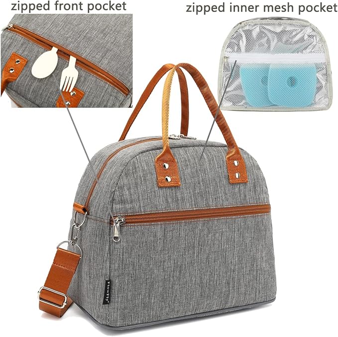 FlowFly Insulated Lunch Bag With Shoulder Strap for Women, Men, and Kids, Large and Reusable, Handle, Freezable Work and School Travel Tote and Meal Prep Organizer,Grey