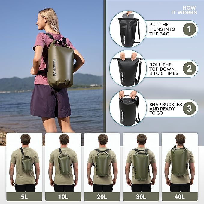 MARCHWAY Floating Waterproof Dry Bag Backpack 5L/10L/20L/30L/40L, Roll Top Sack Keeps Gear Dry for Kayaking, Rafting, Boating, Swimming, Camping, Hiking, Beach, Fishing