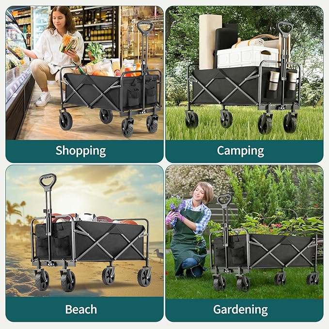 Collapsible Wagon Cart Foldable, 30" L Folding Beach Wagon with All-Terrain Wheels, Shopping Cart with 250lbs Capacity, Portable Camping Wagons Carts for Grocery Garden and Sports, Modern Black