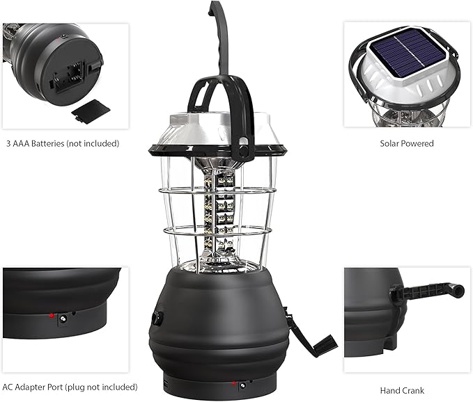 Dynamo Hand Crank Solar Powered Lantern - Battery-Operated or Rechargeable LED Light with Adjustable Settings for Camping by Whetstone (Black)