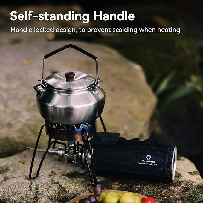 0.6 Liter Lightweight Stainless Steel Camping Kettle Portable Camp Tea Pot, Outdoor Campfire Use, Retro Silver