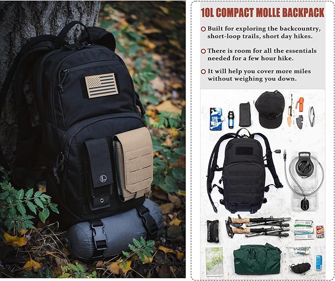 Tactical Small Hydration Backpack 10L Molle Pack for Outdoor Hiking Gravel Cycling Mountain Biking with 2.5L Bladder