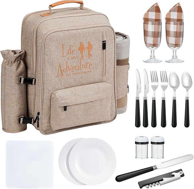 24L Insulated Picnic Basket Leak Proof Picnic Backpack for 2, Light Brown Camping Gifts, Cool Bridal Shower Gifts for Bride & Groom, Mr & Mrs, Anniversary Engagement Wedding for Newly Engaged Couples