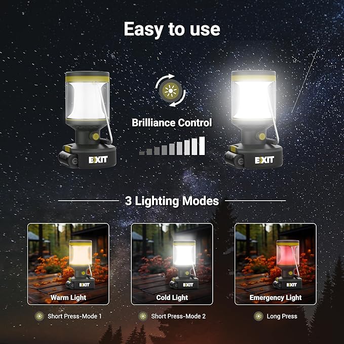 EXIT 20V 3-in-1 Rechargeable LED Lantern EX003, Portable, 800 Lumen Lantern Flashlight for Camping, Hurricane, Emergency, Hiking, Power Outages, 2.0 Ah Battery Included