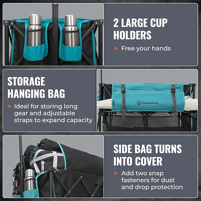 FUNDANGO Double Decker Wagon, 500L Collapsible Beach Wagons Foldable Heavy Duty Garden Cart with Tailgate, Brakes, Side Pockets & All-Terrain Big Wheels for Sports Camping Shopping, Blue