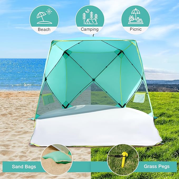 Pop Up Beach Tent, Portable Shade Sun Shelter UPF50+ UV Protection for 4 Person Extendable Floor for Fishing Hiking Camping, Waterproof Windproof（Mint Green