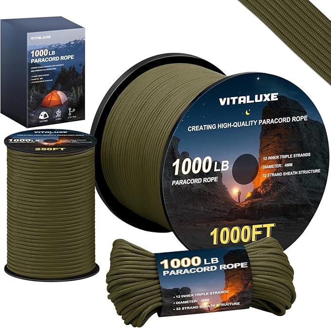 1000lb Paracord Rope, 4mm 12 Triple Strands Paracord, Heavy Duty Tactical Parachute Cord for Survival Gear, Camping, Hiking, and Ideal for Bracelets, Lanyards, Type III