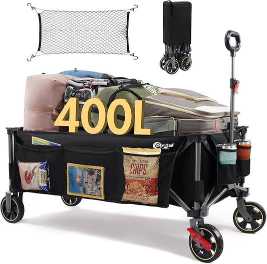 PORTAL 51.2" Long Wagons Carts Foldable with Brakes, Large Foldable Wagon with Cargo Net, Side Pocket, Cup Holders, 350 LBs Heavy Duty Utility Grocery Wagons for Sports, Camping