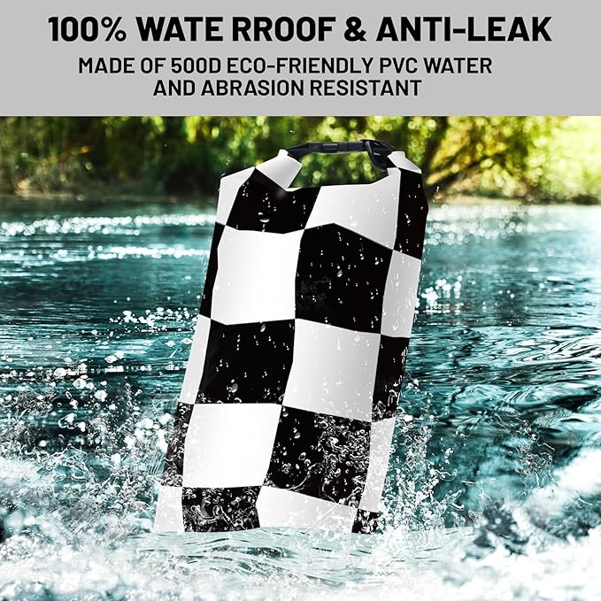 Waterproof Dry Bag,Roll Top Black and White Checkered Flag Small Waterproof Backpack 5L/10L/20L Floating and Lightweight Bags for Kayaking, Boating, Fishing, Swimming and Camping