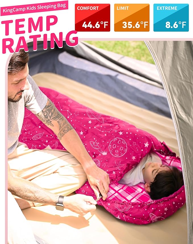 KingCamp 45°F Kids Sleeping Bag, Lightweight Waterproof & Compact Flannel Sleeping Bags Cold Weather & Warm Youth Essentials Gear Accessories for Camping, Fits 10-12 Children up to 5'5" Tall