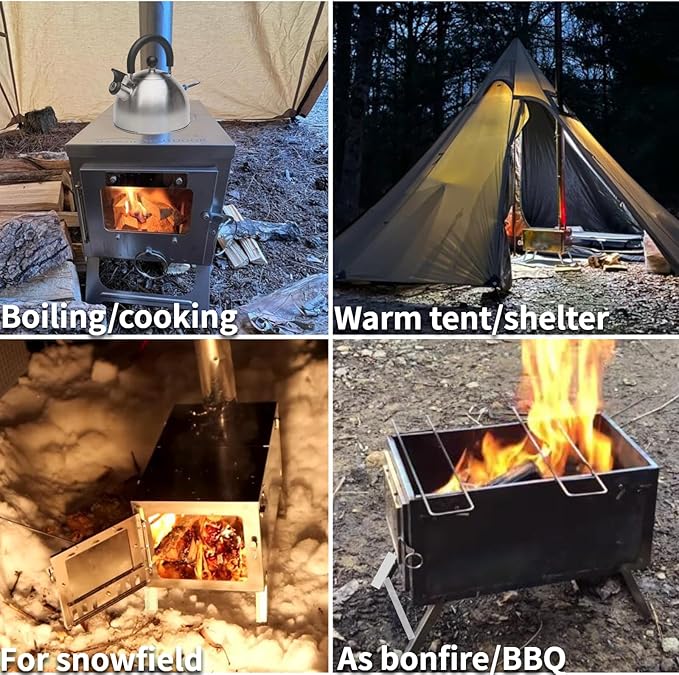 DANCHEL OUTDOOR S6/SSG Folding Camping Stove, 304 Stainless Steel Wood Burning Stove with 7.2ft Chimney, Portable Hot Tent Stove Solo Camping Survival Backpacking, Lightweight & Compact Design