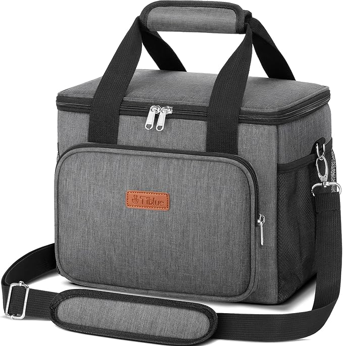 Tiblue Insulated Lunch Bag for Women/Men, Reusable Lunch Box for Office Work School Picnic Beach, Leakproof Freezable Cooler Bag with Adjustable Shoulder Strap for Kids/Adult(Large, Charcoal Grey)