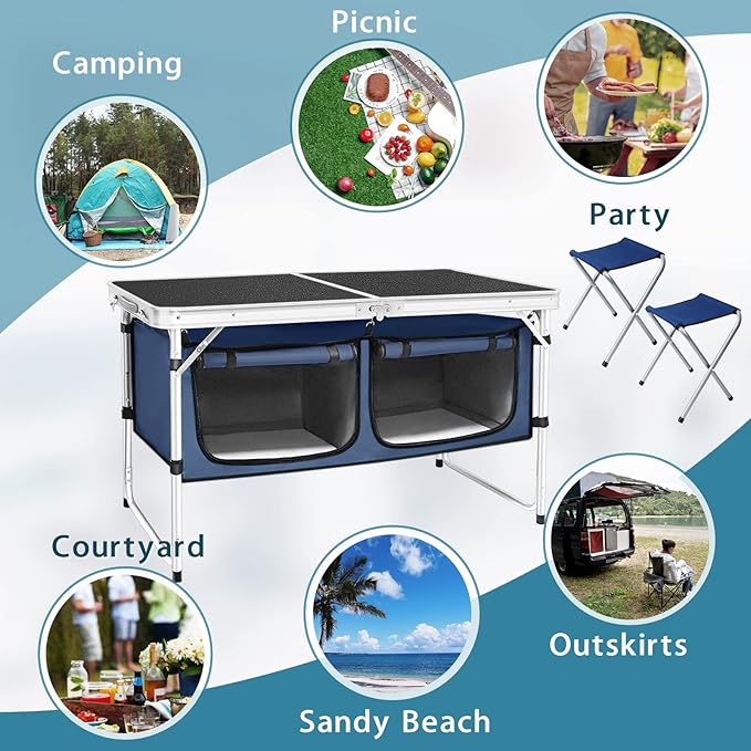 Folding Camping Table with Storage Compartment Aluminum Lightweight Camp Kitchen Table Height Adjustable Indoor/Outdoor Table Perfect for Tailgating, Backyards, BBQ, Picnic (Black-Wide W/Stool)