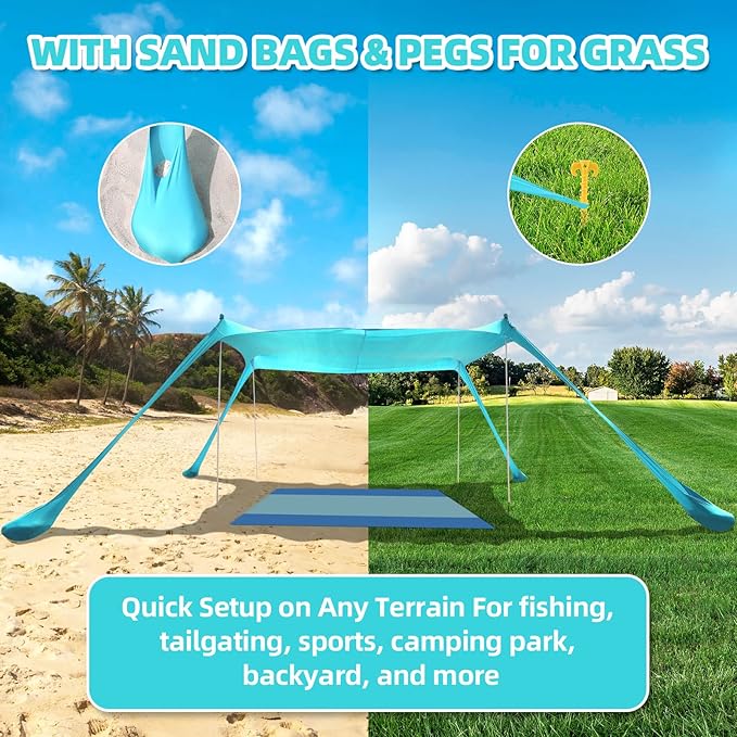 Beach Tent Sun Shelter UPF50+, 10x10 FT Family Beach Shade Canopy with 4 Aluminum Poles, Beach Blanket, Carrying Bag and Sand Shovel, Outdoor Pop Up Tent for Beach Camping Trips